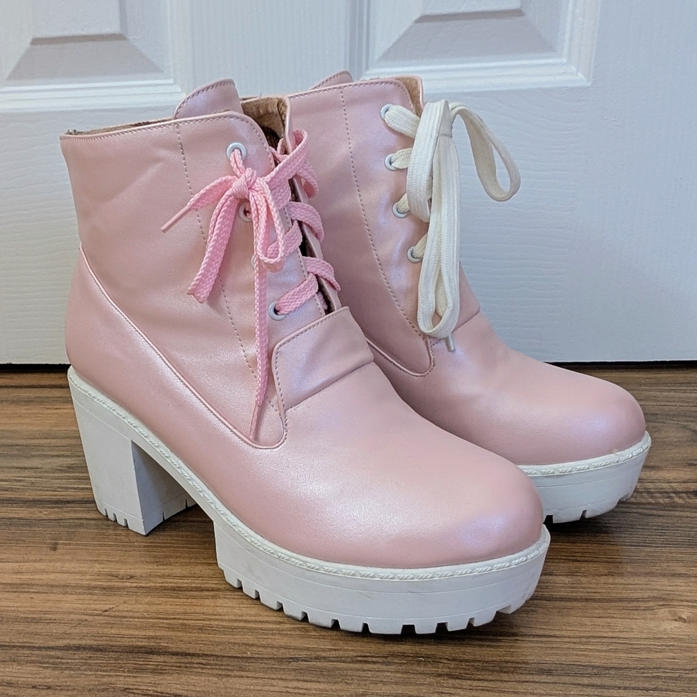 Pastel Pink Ankle Platform Boots Kreeper Lug Kawaii Style